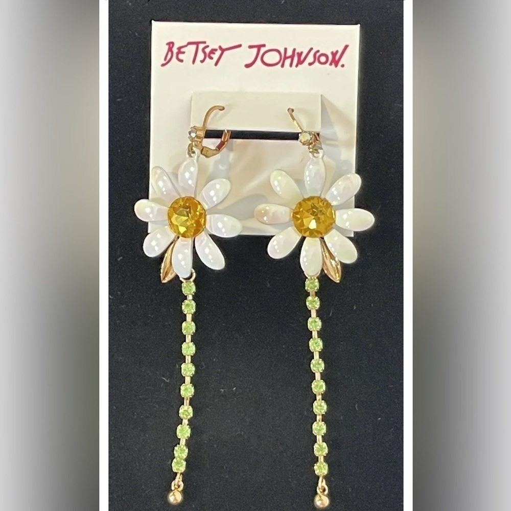 BETSEY JOHNSON Iridescent Linear Drop Crystal-Accented Daisy Dangle Earrings NWT